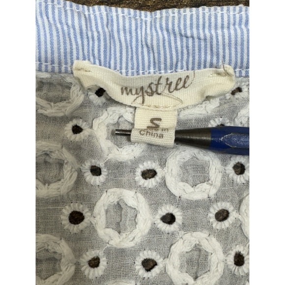 Mystree Lace Crochet Top Womens‎ Size Small Ivory Mid Sleeve Button Up Cotton - Picture 8 of 10